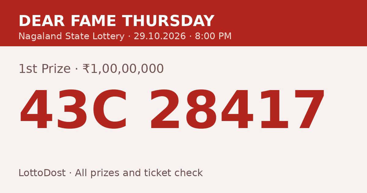 লটারি সংবাদ নাইট 8 PM রেজাল্ট 29.10.2026 – Dear Fame Thursday: 43C 28417